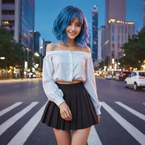 blue hair,manami,anime japanese clothing,alodia,denim skirt,minjung,Photography,Documentary Photography,Documentary Photography 16