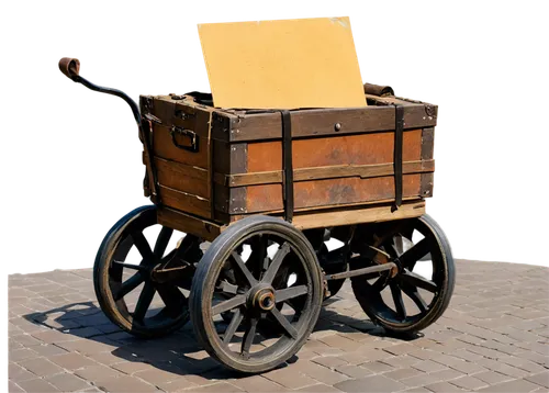 Old-fashioned cart, wooden structure, rusty metal wheels, worn-out canvas cover, torn edges, leather straps, vintage luggage tags, afternoon sunlight, shallow depth of field, warm color tone, 3/4 comp