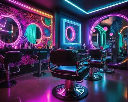 barber shop,barbershop,salon,barber chair,beauty salon,beauty room,nightclub,neon coffee,neon cocktails,ufo interior,hairdresser,barber,neon lights,retro diner,neon light,art deco,cosmetics counter,hairdressing,neon drinks,sci fi surgery room,Illustration,Abstract Fantasy,Abstract Fantasy 08