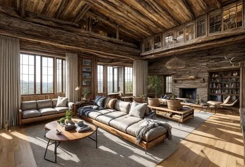 living room with huge window,log home,log cabin,the cabin in the mountains,loft,wooden beams,penthouse apartment,alpine style,livingroom,chalet,living room,great room,family room,luxury home interior,