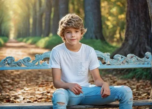 Paedyn Gray, young boy, 10yo, messy short hair, bright curious eyes, gentle smile, casual wear, white T-shirt, light blue jeans, worn-out sneakers, sitting on a stone bench, peaceful forest, afternoon