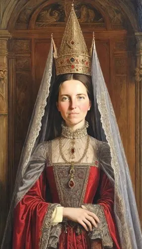 a painting of a <class> in Jim Fitzpatrick style, a tall and narrow Gothic cone "burgundian-hennin" with decoration on the woman's head: 1,5 +++, the forehead and temples are wrapped in dark cloth: 1,