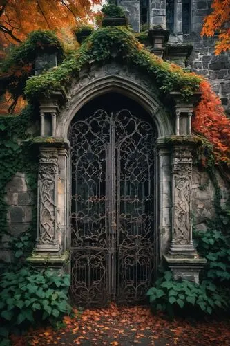 haunted cathedral,portal,garden door,kykuit,old door,church door,fairy door,creepy doorway,autumn frame,witch's house,old graveyard,mausolea,the door,stone gate,doorway,front door,round autumn frame,ossuary,front gate,iron door,Illustration,Realistic Fantasy,Realistic Fantasy 46