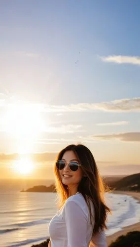 a smiling woman standing next to the ocean,beach background,sunburst background,marzia,lens flare,sun,nicodemou