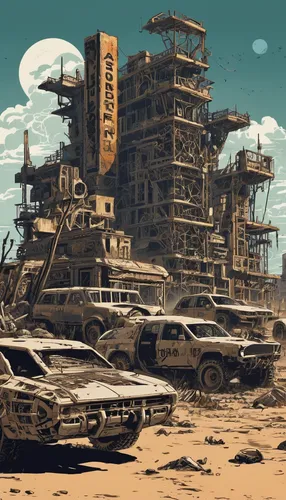 post-apocalyptic landscape,post apocalyptic,wasteland,scrapyard,junkyard,post-apocalypse,salvage yard,scifi,junk yard,scrap yard,destroyed city,sci fiction illustration,parking lot,sci-fi,sci - fi,parking place,ancient city,atomic age,sci fi,futuristic landscape,Illustration,Vector,Vector 21