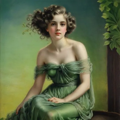 The picture shows a young European woman depicted in an antique, romantic style. She is sitting. Her hair is very short, dark. She wears a draped, slightly sheer dress in a soft shade of green that le