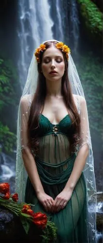 bridal veil,celtic woman,faery,bridal veil fall,faerie,dead bride,fae,water nymph,celtic queen,wedding photo,fantasy picture,mystical portrait of a girl,dryad,rusalka,girl in a wreath,fantasy portrait,bridal,bridal dress,mother nature,fantasy woman,Conceptual Art,Daily,Daily 22