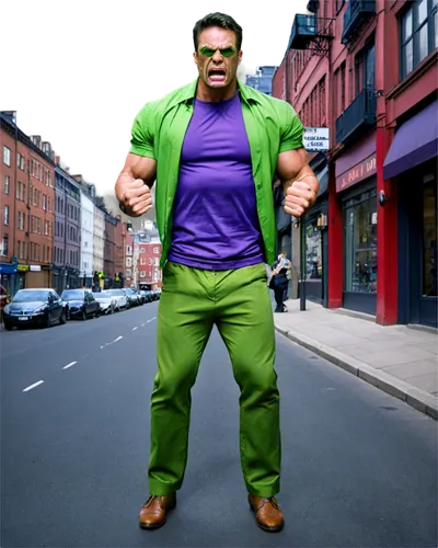 Hulk, muscular man, green skin, ripped purple pants, massive chest, bulging biceps, furious expression, clenched fists, dynamic pose, city street background, dramatic lighting, 3/4 composition, shallo