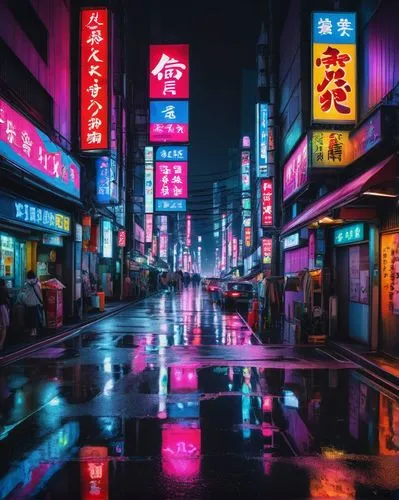 Neon lights, futuristic cityscape, Tokyo streets, night scene, dark alleys, vibrant colors, glowing advertisements, holographic billboards, cyberpunk atmosphere, rainy night, reflective wet pavement, 