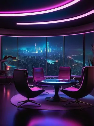 Modern minimalist chat design, sleek architecture, futuristic curves, metallic materials, LED lights, glass surfaces, circular screens, holographic projections, comfortable ergonomic chairs, atmospher