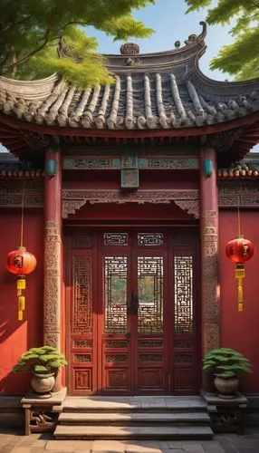 Traditional Chinese Skywell architecture, ancient, intricately carved wooden door, vibrant red walls, upturned eaves, golden glazed roof tiles, delicate lanterns hanging from ceiling, ornate stone car