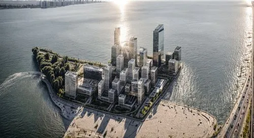 day, clear sky, natural daylight, photorealism, street photography, walking people, road in the foreground, pedestrian area, gas station, concrete, glass, trees, grass, greenery,barangaroo,hudson yard