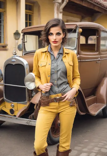 vintage woman,retro woman,retro women,vintage women,girl and car,vintage girl,vintage fashion,simca ariane,vintage vehicle,simca,retro girl,women fashion,dodge la femme,opel captain,car model,vintage car,yellow brown,vintage style,woody car,woman holding gun,Photography,Realistic