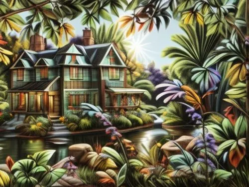 house in the forest,house painting,home landscape,magic castle,tropical house,houses clipart,victorian house,robert duncanson,woman house,palm house,henry g marquand house,background image,david bates,hacienda,disneyland park,walt disney world,witch's house,country house,cottage,guesthouse