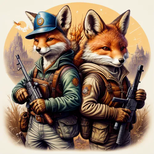 an art piece featuring two fox soldiers with guns,foxhunting,foxpro,outfox,outfoxing,foxtrax,foxes