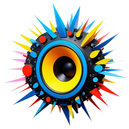 Dynamic colorful speakers, circular shape, metallic material, shiny surface, flashing lights, loud volume, explosive sound waves, musical notes, vibrant colors, futuristic design, low-angle shot, dram