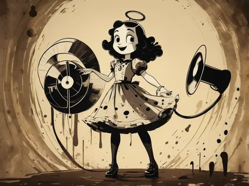 gramophone,pierrot,girl with speech bubble,girl with a wheel,transistor,the gramophone,phonograph,little girl twirling,tambourine,alice,marionette,milkmaid,vintage girl,78rpm,megaphone,gramophone record,phonograph record,rockabella,diving bell,the little girl,Art,Classical Oil Painting,Classical Oil Painting 40