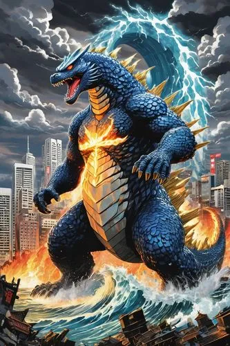 Godzilla, Great Wave off Kanagawa, Japanese monster, powerful roar, destructive claws, scaly skin, fiery eyes, massive size, cityscape destruction, Tokyo Tower, buildings crumbling, debris scattered, 