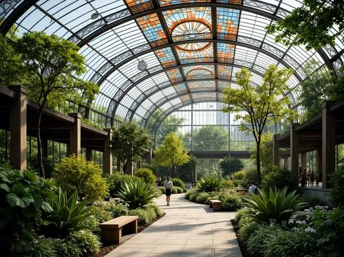 Vibrant botanical garden, lush greenery, exotic plants, ornate metal framework, colorful stained glass ceiling, intricate glass patterns, natural light filtering, warm ambiance, humid climate control,