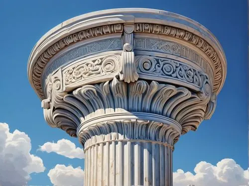 Ancient Greek ionic column, intricate carved capital, fluted shaft, ornate pedestal, grandiose architecture, majestic temple, sunny day, blue sky, white marble, detailed stone texture, symmetrical com