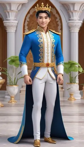 Charming prince with a crown, regal attire, in a majestic castle, fairy tale style –ar 3:4,the prince in blue and gold is posing,pangeran,dhritarashtra,estaban,pahlavi,caliandro,maharajadhiraj,Unique,