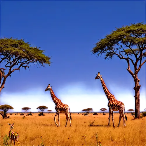 Savannah landscape, Africa, sunny day, blue sky with few white clouds, acacia trees, tall grasses, wildflowers, giraffes roaming freely, elephants in distance, birds flying overhead, warm lighting, lo