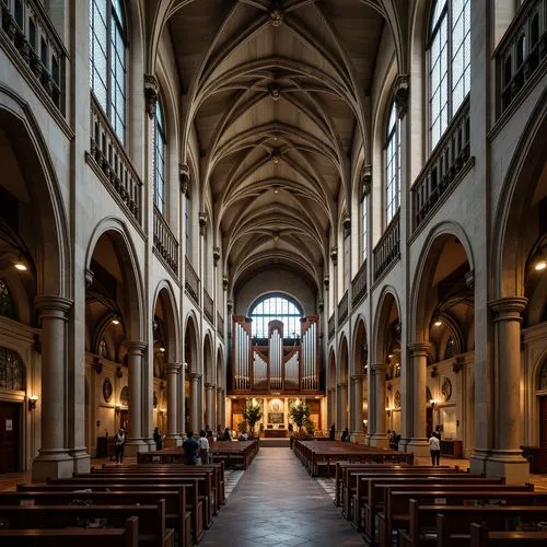 Grand cathedral interior, high vaulted ceilings, stained glass windows, ornate stone carvings, intricate wooden pews, grand organ pipes, nave and apse layout, symmetrical aisles, colonnaded arches, ri