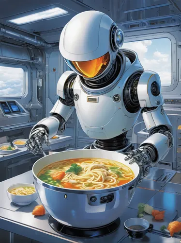 sci fiction illustration,chef,pappa al pomodoro,noodle soup,robot in space,pasta pomodoro,ramen in q1,food and cooking,chicken noodle soup,soup kitchen,capellini,cookery,feast noodles,men chef,chankonabe,sopa de mondongo,stir-fry,frozen food,cg artwork,cuisine,Illustration,Japanese style,Japanese Style 05