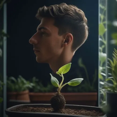 The head of a young man, in profile, is sprouting from a plant planted in a pot,a man standing behind an artificial plant, it looks like the head of a man,hostplant,arabidopsis,resprout,pepper plant,t