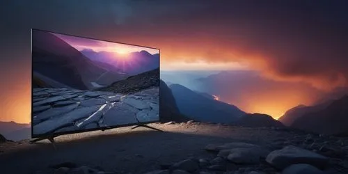 a philips tv with a dark light background cracked stone floor and mountain on the back,a tv screen showing an incredible landscape on the television,plasma tv,hdtv,smart tv,television,hdtvs,television