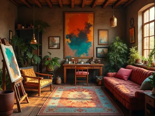 sitting room,living room,home interior,loft,livingroom,interior decor,bohemian art,the living room of a photographer,interiors,interior design,great room,boho art style,apartment lounge,home corner,interior decoration,boho art,indoor,furnishings,danish room,alcove,Photography,General,Realistic