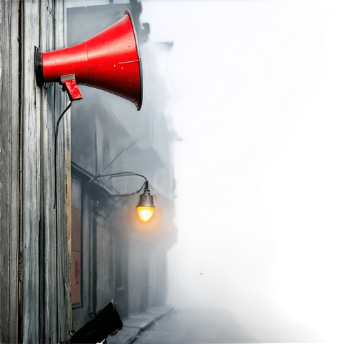 Vintage air raid siren, old-fashioned loudspeaker, distressed metal exterior, worn wooden handle, bright red paint, warning sign, emergency light, foggy atmosphere, misty morning, dark alleyway, 3/4 c