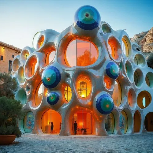 Mediterrian environments.,the building is made of multiple bubbles,cubic house,gaudi,pedrera,earthship,house of the sea,futuristic architecture