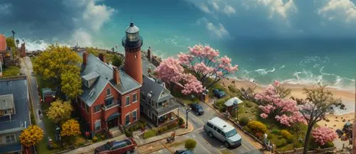 seaside resort,background image,cartoon video game background,resort town,thimble islands,digital compositing,sakura background,world digital painting,electric lighthouse,seaside country,children's ba