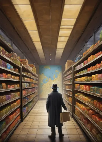 grocer,convenience store,supermarket shelf,grocery,grocery store,supermarket,grocery shopping,pantry,watercolor shops,apothecary,pharmacy,shopkeeper,groceries,deli,shopper,shopping list,candy store,liquor store,soap shop,aisle,Conceptual Art,Sci-Fi,Sci-Fi 25