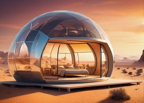 electrohome,teardrop camper,sky space concept,futuristic landscape,mobile home,futuristic architecture,cube stilt houses,airstream,cubic house,odomes,solar cell base,masdar,earthship,pelecypods,recreational vehicle,skycycle,airstreams,dymaxion,quartzsite,space capsule,Illustration,Realistic Fantasy,Realistic Fantasy 40