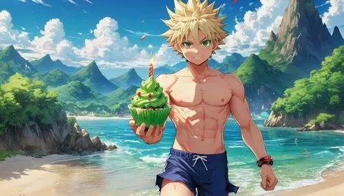 one man with spiky blonde hair and red eyes who looks like Bakugou with clear skin, dressed in swimsuit, holding one small green cupcake with one tiny birthday candle on top and smiling,summer backgro