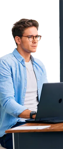 Search engine optimization expert, male, 30s, sitting at desk, laptop open, coding, concentrated expression, black rimmed glasses, messy brown hair, white button-down shirt, blue jeans, sneakers, morn