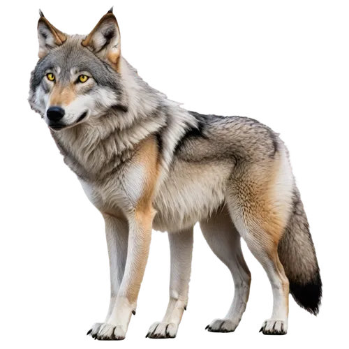 Wild wolf, furry, sharp teeth, piercing yellow eyes, black nose, fluffy ears, gray and white fur, muscular legs, standing on all fours, howling at moon, misty atmosphere, cinematic lighting, shallow d