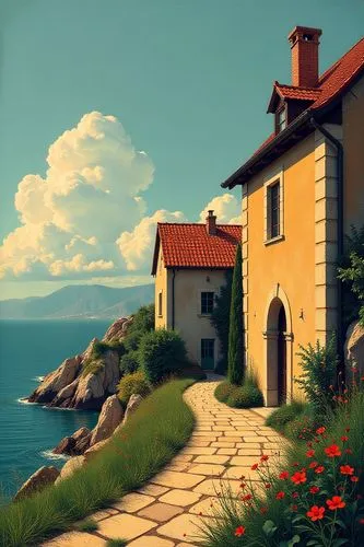 home landscape,summer cottage,dreamhouse,lonely house,cottage,landscape background,Illustration,Realistic Fantasy,Realistic Fantasy 02