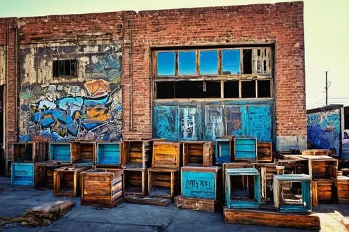 Industrial architectural salvage yard, Los Angeles, sunny day, blue sky, worn wooden crates, rusty metal scraps, old brick walls, distressed stone columns, reclaimed wood planks, vintage windows, retr