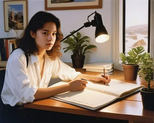 girl studying,mari makinami,samcheok times editor,araki,desk lamp,secretarial,makiko,nobuko,ayako,hiroko,photorealist,mikiko,toshiko,girl at the computer,yenny,sakimoto,japanese woman,asako,artist portrait,heungseon,Conceptual Art,Sci-Fi,Sci-Fi 19