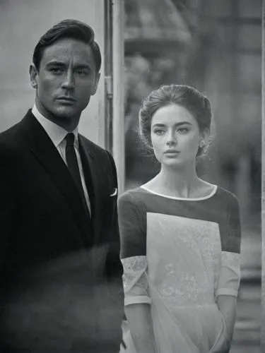 Black and white image of Her Serene Highness Wilhelmine, Princess of Upflamör and Mr. James Bond.,a woman and man standing in the street,cardinale,bellocchio,pataudi,marienbad,delon,vintage man and wo