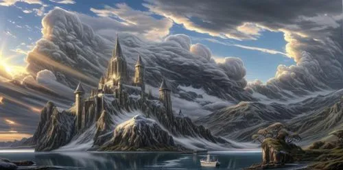 fantasy landscape,fantasy picture,heroic fantasy,fantasy art,jrr tolkien,northrend,3d fantasy,imperial shores,futuristic landscape,cloud mountain,cloud mountains,mountain settlement,fantasy world,hall of the fallen,ice castle,world digital painting,elven,giant mountains,mountain world,terraforming