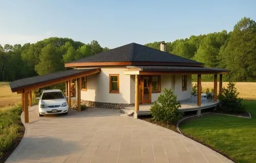 Мodern house surrounded by a forest.
The walls are white. Black roof.,a car is parked in front of a house with a covered patio,carport,carports,folding roof,roof landscape,driveway,homebuilding,Photog