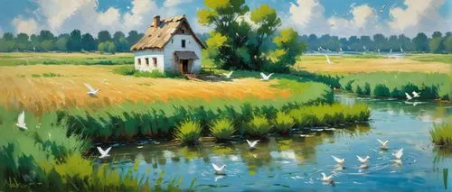 summer cottage,dutch landscape,home landscape,cottage,fisherman's house,rural landscape,house with lake,river landscape,country cottage,meadow landscape,wetlands,bird painting,crane houses,bird house,landscape background,coastal landscape,brook landscape,farm landscape,wetland,farmhouse,Conceptual Art,Oil color,Oil Color 10