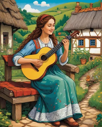 cavaquinho,folk music,woman playing,balalaika,charango,pandero jarocho,bouzouki,hipparchia,dulcimer,serenade,classical guitar,bard,sound of music,dulcimer herb,ukulele,folk instrument,country dress,violin woman,girl with bread-and-butter,woman playing violin,Conceptual Art,Daily,Daily 23