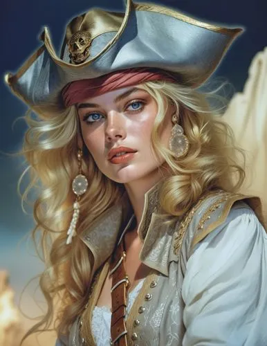 a woman wearing a pirate hat, charlie bowater character art, treasure island, it is the captain of a crew, black and white coloring, drawn in the style of mark arian, portrait of margot robbie, unused