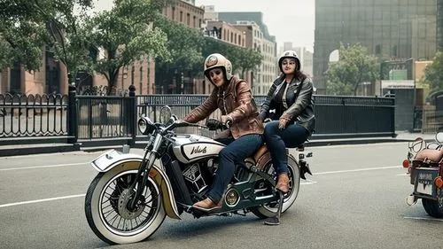 an old vintage year 1926 indian Scout motorcycle, standing in a new york city street, man and a woman ,family motorcycle,harley-davidson,harley davidson,motorcycle tour,motorcycle tours,motorcycling,t