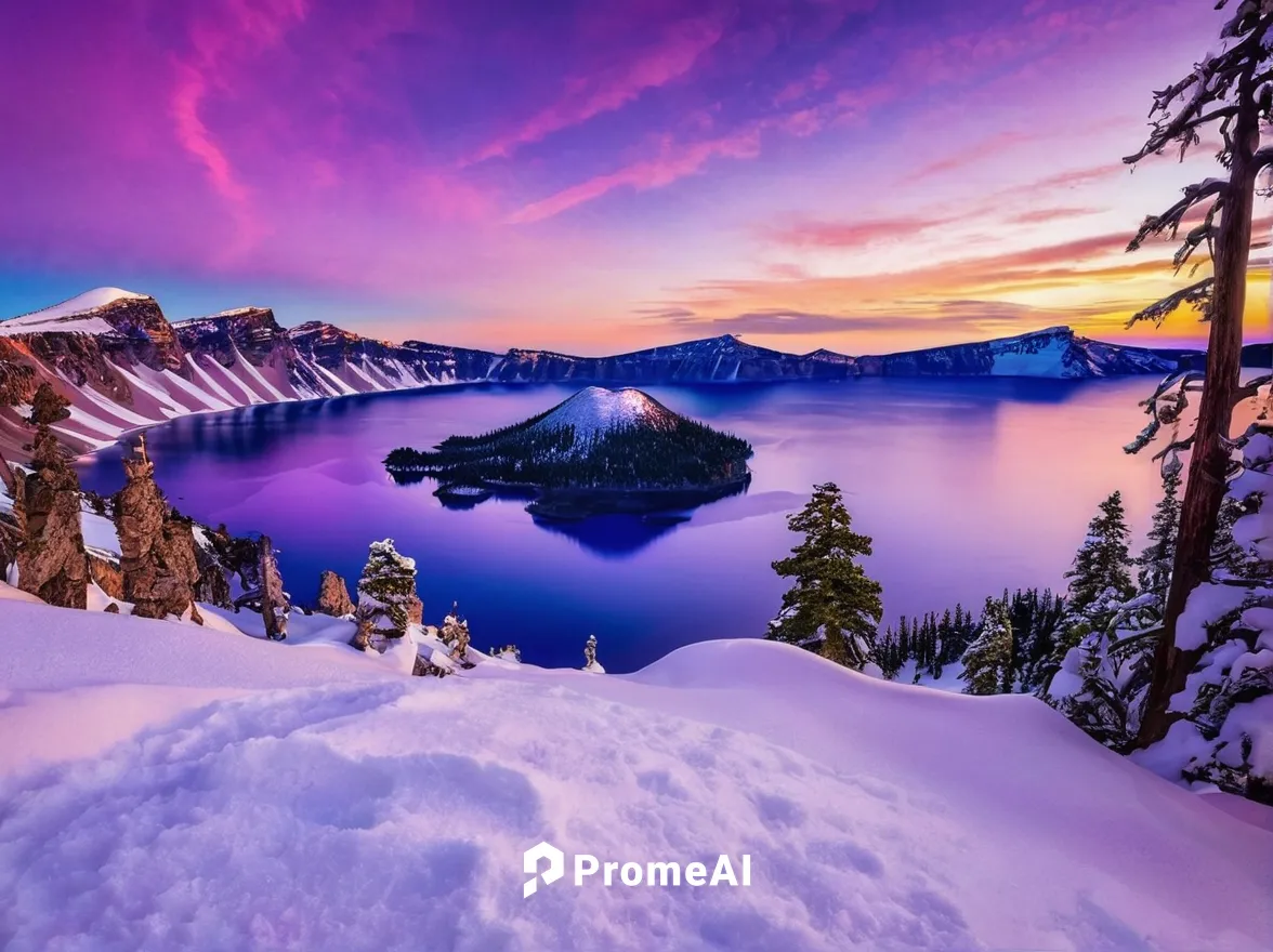 Sunset glows purple over snow at Crater Lake National Park. Photo by John Dale. Tweeted by the US Department of the Interior, 12/4/16.,crater lake,lake tahoe,snow landscape,snowy landscape,purple land